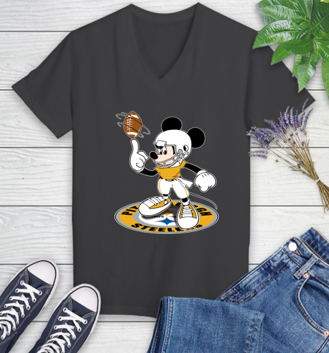 NFL Football Pittsburgh Steelers Cheerful Mickey Disney Shirt Women's V-Neck T-Shirt 7