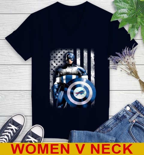 Buffalo Bills NFL Football Captain America Marvel Avengers American Flag Shirt Women's V-Neck T-Shirt 2