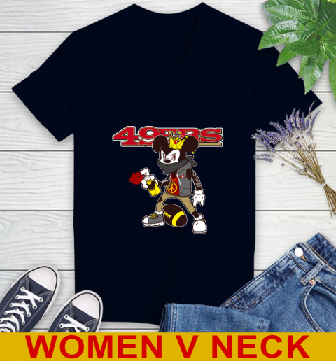 San Francisco 49ers NFL Football Mickey Peace Sign Sports Women's V-Neck T-Shirt 3