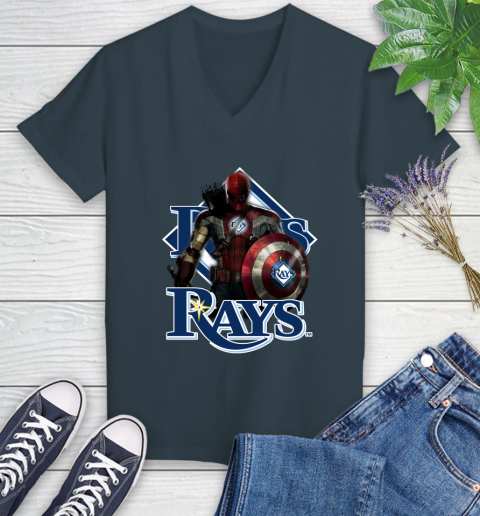 MLB Captain America Thor Spider Man Hawkeye Avengers Endgame Baseball Tampa Bay Rays Women's V-Neck T-Shirt 8