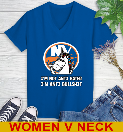New York Islanders NHL Hockey Unicorn I'm Not Anti Hater I'm Anti Bullshit Women's V-Neck T-Shirt 11