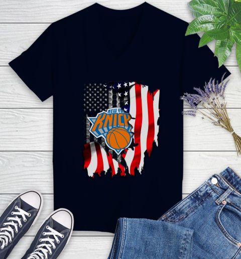 New York Knicks NBA Basketball American Flag Women's V-Neck T-Shirt 2
