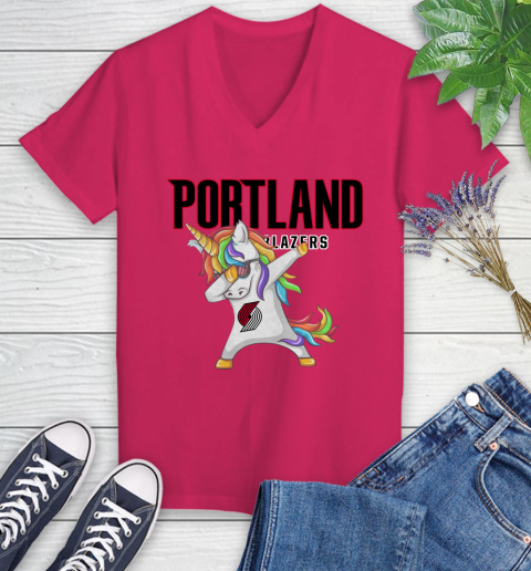 Portland Trail Blazers NBA Basketball Funny Unicorn Dabbing Sports Women's V-Neck T-Shirt 9