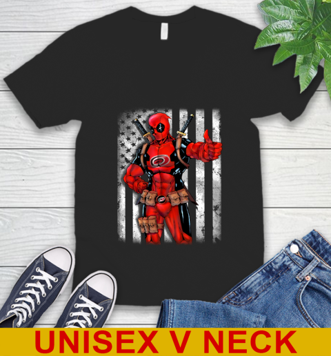 NHL Hockey Carolina Hurricanes Deadpool American Flag Shirt V-Neck T-Shirt