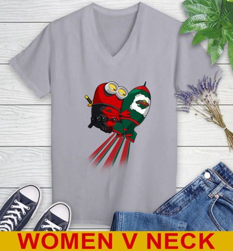 NHL Hockey Minnesota Wild Deadpool Minion Marvel Shirt Women's V-Neck T-Shirt 4