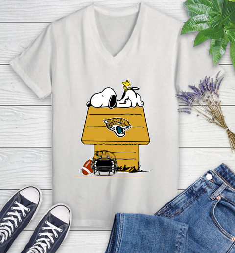 Jacksonville Jaguars NFL Football Snoopy Woodstock The Peanuts Movie Women's V-Neck T-Shirt