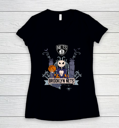 NBA Brooklyn Nets Basketball Jack Skellington Halloween Women's V-Neck T-Shirt