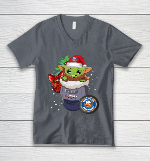 New York Islanders Christmas Baby Yoda Star Wars Funny Happy NHL V-Neck T-Shirt 5