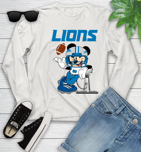 NFL Detroit Lions Mickey Mouse Disney Super Bowl Football T Shirt Youth Long Sleeve 12