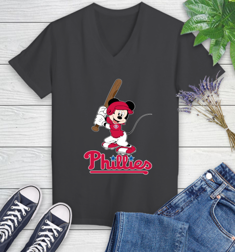 MLB Baseball Philadelphia Phillies Cheerful Mickey Mouse Shirt Women's V-Neck T-Shirt 7