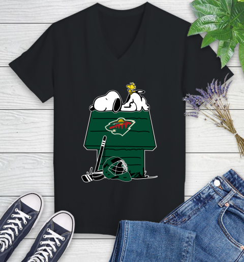 Minnesota Wild NHL Hockey Snoopy Woodstock The Peanuts Movie Women's V-Neck T-Shirt 2