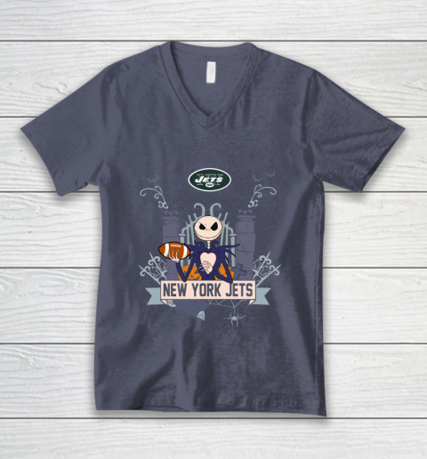 NFL New York Jets Football Jack Skellington Halloween V-Neck T-Shirt 7