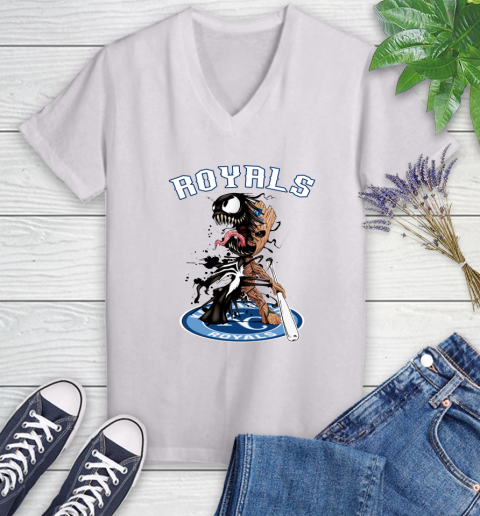 MLB Kansas City Royals Baseball Venom Groot Guardians Of The Galaxy Women's V-Neck T-Shirt