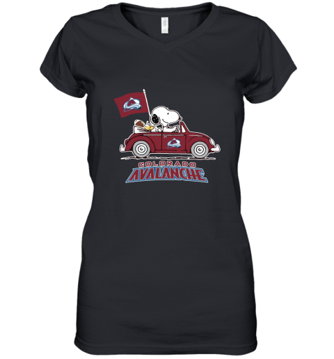 Snoopy And Woodstock Ride The Colorado Avalanche Car NHL Women's V-Neck T-Shirt