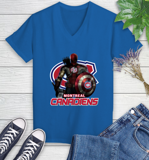 NHL Captain America Thor Spider Man Hawkeye Avengers Endgame Hockey Montreal Canadiens Women's V-Neck T-Shirt 10