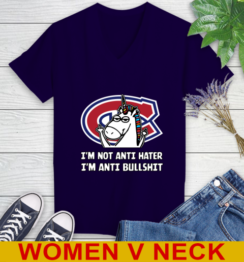 Montreal Canadiens NHL Hockey Unicorn I'm Not Anti Hater I'm Anti Bullshit Women's V-Neck T-Shirt 4