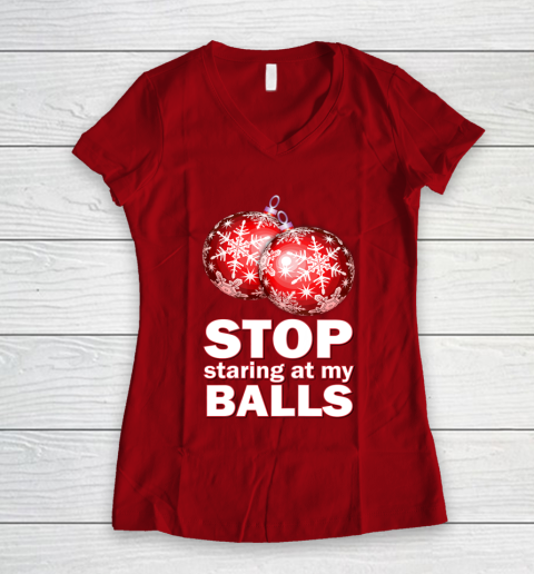 Stop Staring at my Balls Funny Christmas Holiday Pajama Women's V-Neck T-Shirt 8