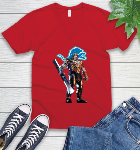 NFL Thanos Gauntlet Avengers Endgame Football Detroit Lions V-Neck T-Shirt 7