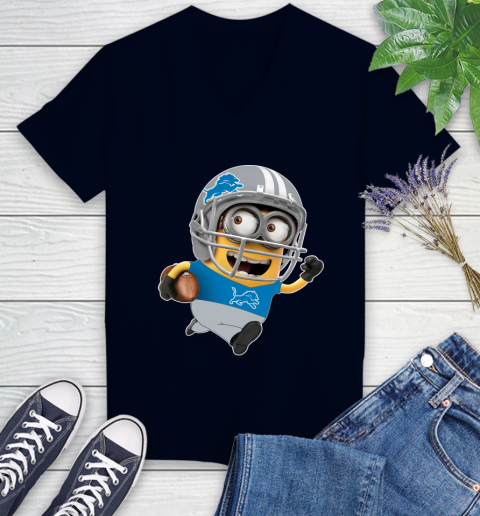NFL Detroit Lions Minions Disney Football Sports Women's V-Neck T-Shirt 3