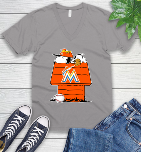 MLB Miami Marlins Snoopy Woodstock The Peanuts Movie Baseball T Shirt V-Neck T-Shirt 4