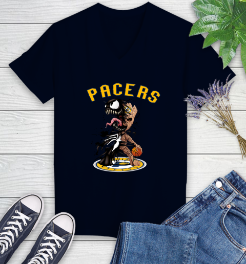 NBA Indiana Pacers Basketball Venom Groot Guardians Of The Galaxy Women's V-Neck T-Shirt 3
