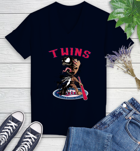 MLB Minnesota Twins Baseball Venom Groot Guardians Of The Galaxy Women's V-Neck T-Shirt 3