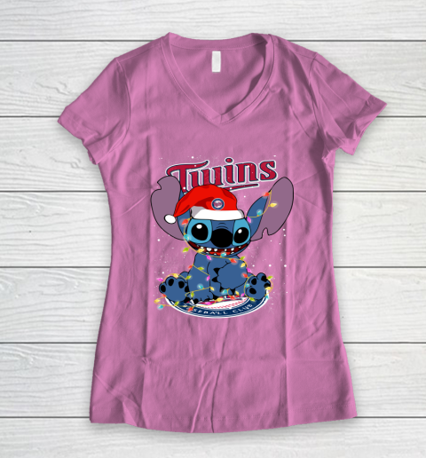 Minnesota Twins MLB noel stitch Baseball Christmas Women's V-Neck T-Shirt 8