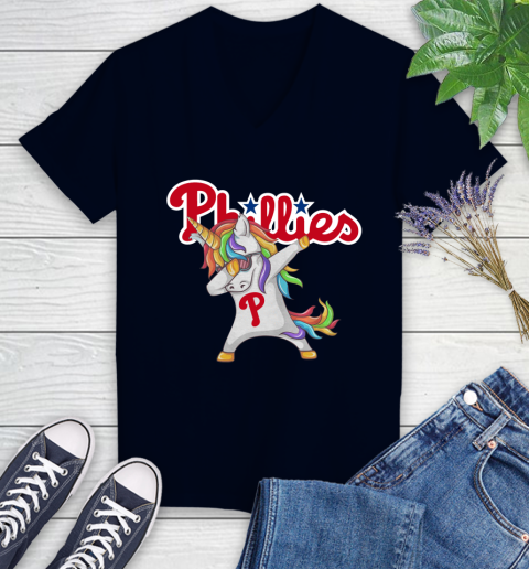 Philadelphia Phillies MLB Baseball Funny Unicorn Dabbing Sports Women's V-Neck T-Shirt 3