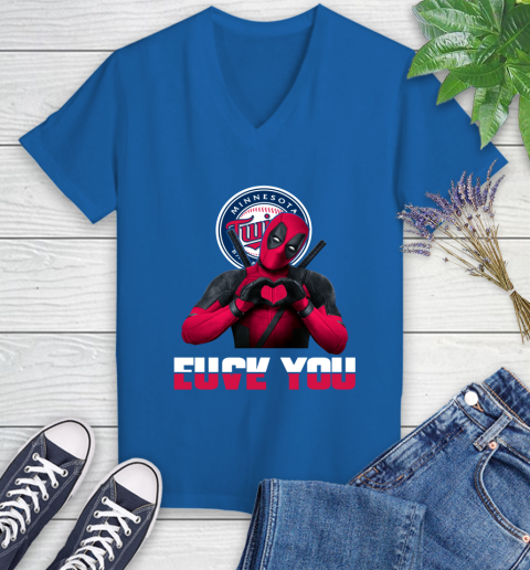 MLB Minnesota Twins Deadpool Love You Fuck You Baseball Sports Women's V-Neck T-Shirt 10