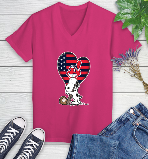 Cleveland Indians MLB Baseball The Peanuts Movie Adorable Snoopy Women's V-Neck T-Shirt 9