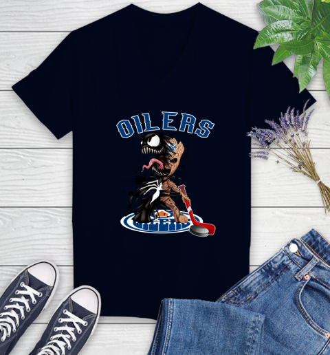 NHL Edmonton Oilers Hockey Venom Groot Guardians Of The Galaxy Women's V-Neck T-Shirt 3