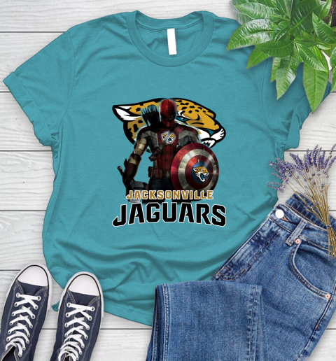 NFL Captain America Thor Spider Man Hawkeye Avengers Endgame Football Jacksonville Jaguars Women's T-Shirt 12