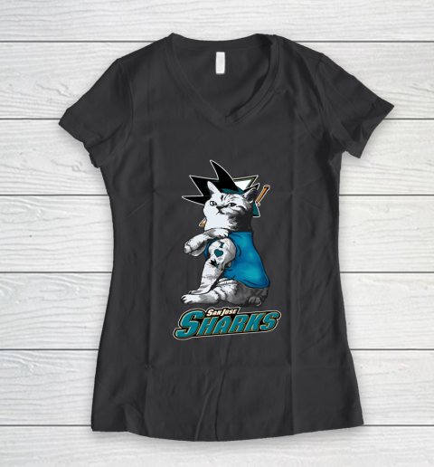 NHL My Cat Loves San Jose Sharks Hockey Women's V-Neck T-Shirt 6