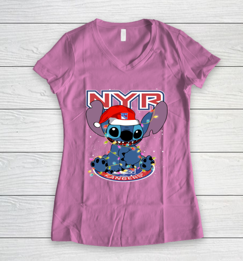 New York Rangers NHL Hockey noel stitch Christmas Women's V-Neck T-Shirt 8