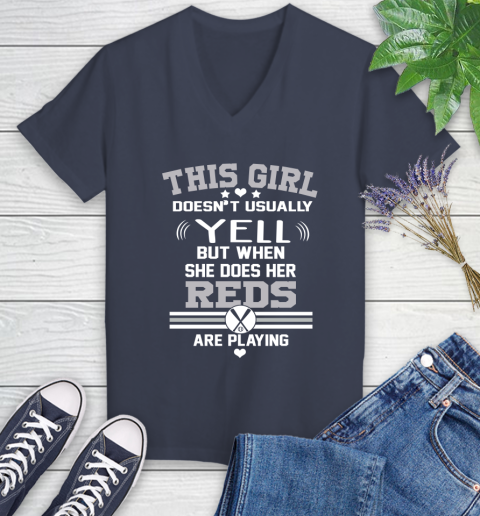 Cincinnati Reds MLB Baseball I Yell When My Team Is Playing Women's V-Neck T-Shirt 12