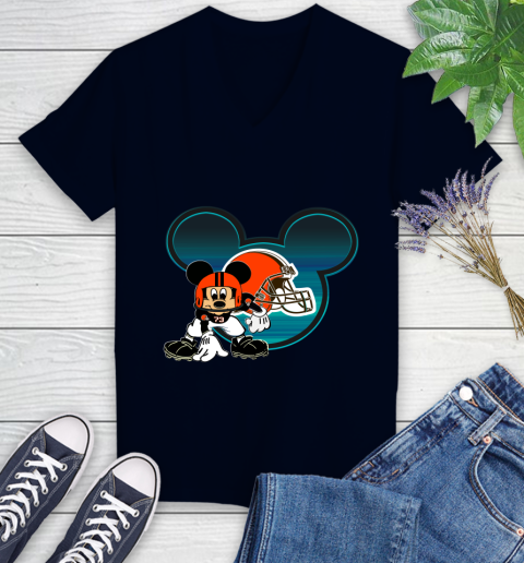 NFL Cleveland Browns Mickey Mouse Disney Football T Shirt Women's V-Neck T-Shirt 3