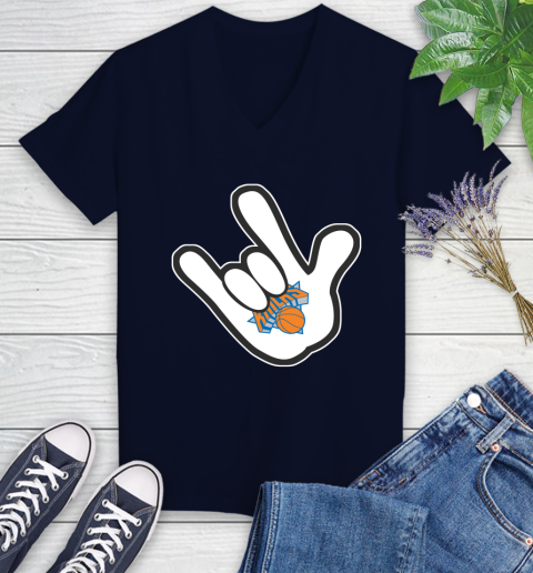 New York Knicks NBA Basketball Mickey Rock Hand Disney Women's V-Neck T-Shirt 3