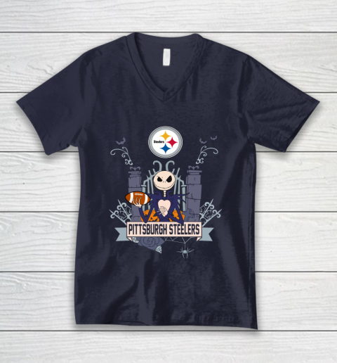 NFL Pittsburgh Steelers Football Jack Skellington Halloween V-Neck T-Shirt 2