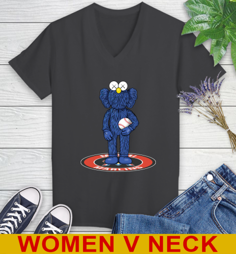 MLB Baseball Miami Marlins Kaws Bff Blue Figure Shirt Women's V-Neck T-Shirt 9