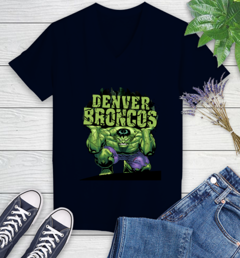 Denver Broncos NFL Football Incredible Hulk Marvel Avengers Sports Women's V-Neck T-Shirt 3