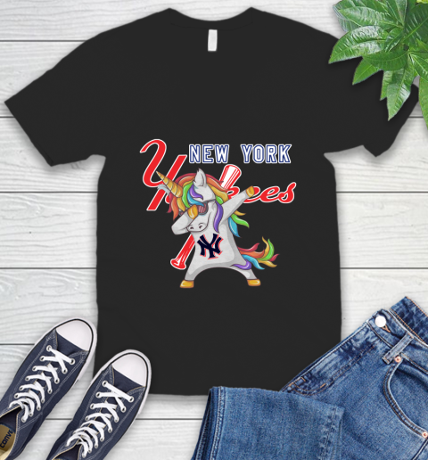New York Yankees MLB Baseball Funny Unicorn Dabbing Sports V-Neck T-Shirt 2