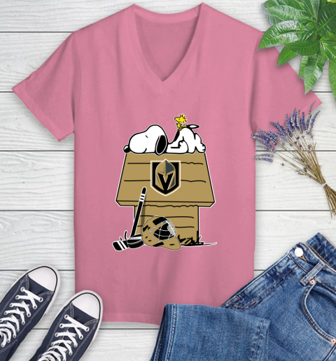 Vegas Golden Knights NHL Hockey Snoopy Woodstock The Peanuts Movie Women's V-Neck T-Shirt 13