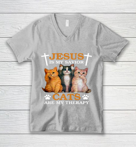 Jesus is My Savior Cat are My Therapy Christians Cat Lover V-Neck T-Shirt 3
