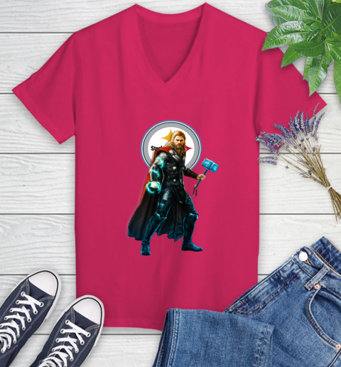 NFL Thor Avengers Endgame Football Pittsburgh Steelers Women's V-Neck T-Shirt 9