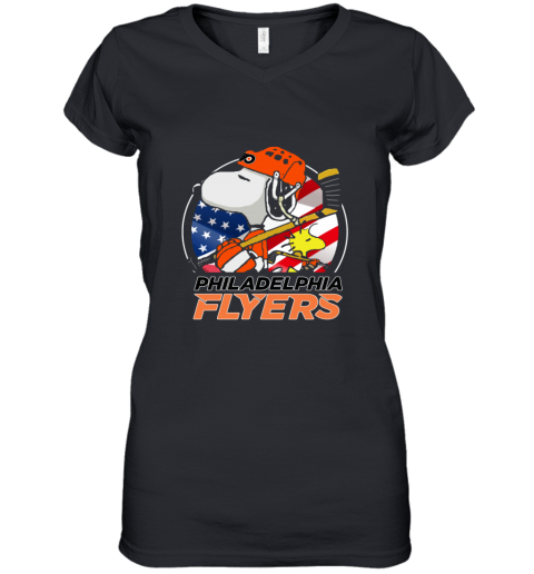 tdse philadelphia flyers snoopy and woodstock nhl women v neck t shirt 39 front black