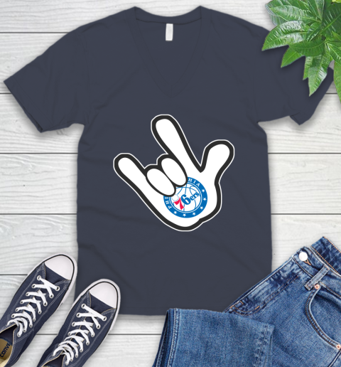 Philadelphia 76ers NBA Basketball Mickey Rock Hand Disney V-Neck T-Shirt 9