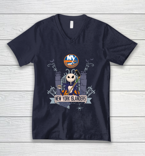 NHL New York Islanders Hockey Jack Skellington Halloween V-Neck T-Shirt 2