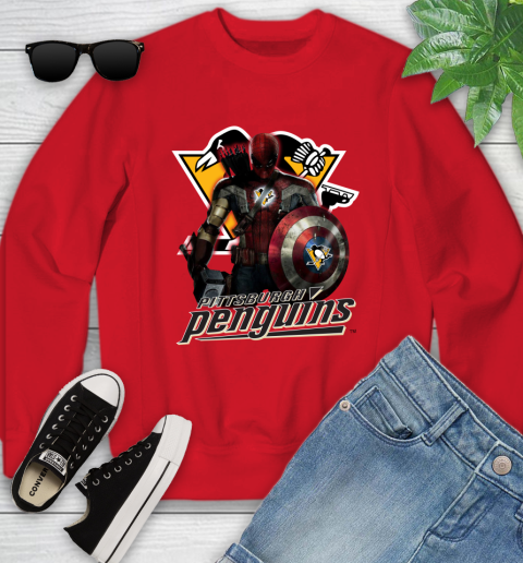 NHL Captain America Thor Spider Man Hawkeye Avengers Endgame Hockey Pittsburgh Penguins Youth Sweatshirt 9