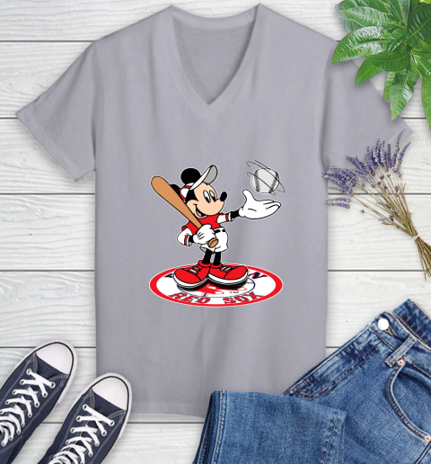 MLB Baseball Boston Red Sox Cheerful Mickey Disney Shirt Women's V-Neck T-Shirt 4