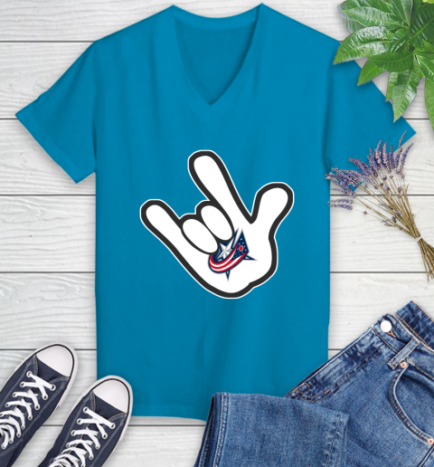 Columbus Blue Jackets NHL Hockey Mickey Rock Hand Disney Women's V-Neck T-Shirt 7